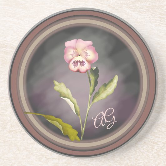 Pansy met Initialen Zandsteen Onderzetter (Voorkant)