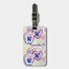 Pansy Panies Purple Flowers Floral Waterverf Naam Bagagelabel