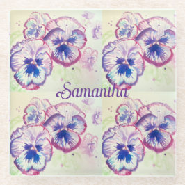 Pansy Panies Purple Flowers Floral Waterverf Naam Glazen Onderzetter