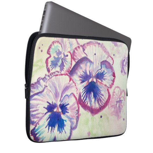 Pansy Panies Purple Flowers Floral Waterverf Naam Laptop Sleeve (Voorkant Rechts)