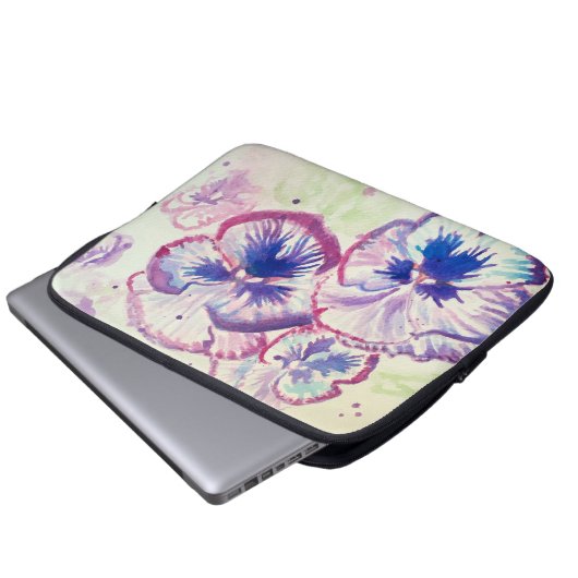 Pansy Panies Purple Flowers Floral Waterverf Naam Laptop Sleeve (Voorkant onderkant)