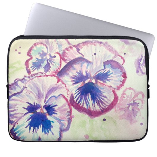 Pansy Panies Purple Flowers Floral Waterverf Naam Laptop Sleeve (Voorkant)
