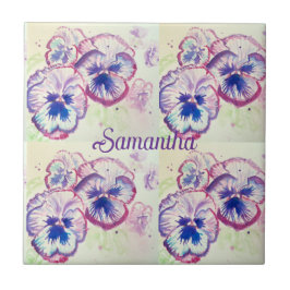 Pansy Panies Purple Flowers Floral Waterverf Naam Tegeltje