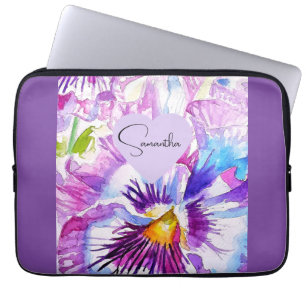 Pansy Pansies Flower Waterverf Bloemen Paarse Kuns Laptop Sleeve