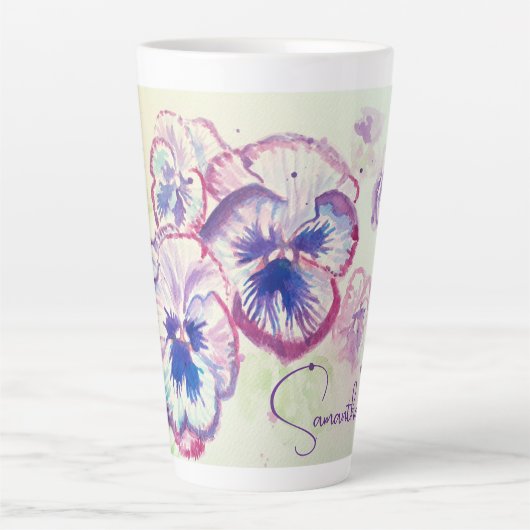 Pansy Pansies Paarse Waterverf Bloem Bloem Roze Latte Mok (Voorkant)