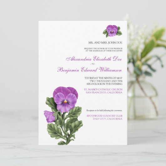 Pansy Spring Floral Formele bruiloft uitnodiging (Staand voorkant)