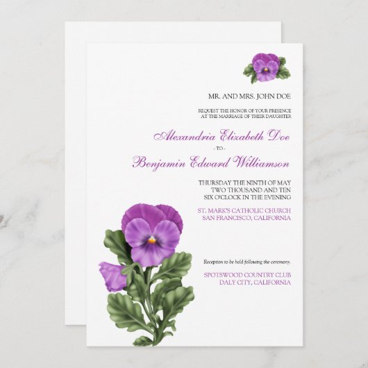 Pansy Spring Floral Formele bruiloft uitnodiging (Voorkant / Achterkant)