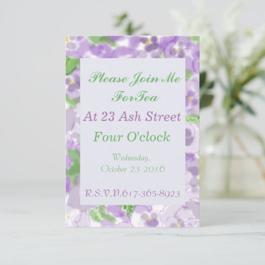 Pansy Tea Invitation Kaart (Staand voorkant)