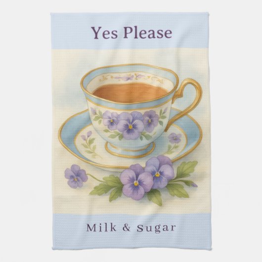 Pansy Teacup Tea Towel | Yes Please Milk & Sugar Theedoek (Verticaal)
