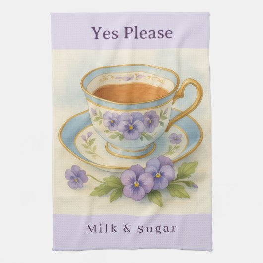 Pansy Teacup Tea Towel | Yes Please Milk & Sugar Theedoek (Verticaal)