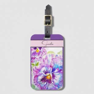 Pansy Viooltjes Bloem Waterverf Bloemig Paarse Kun Bagagelabel