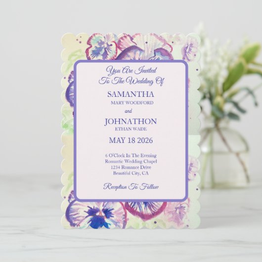 Pansy Waterverf Bloemen Bloemen Bloemen Huwelijksu Kaart (Staand voorkant)