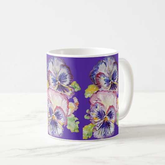 Pansy Waterverf bloemmotief op donker Paarse Mok (Voorkant rechts)