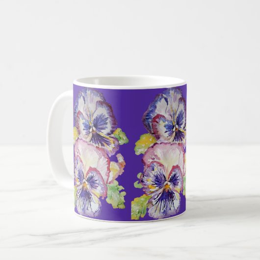 Pansy Waterverf bloemmotief op donker Paarse Mok (Voorkant links)