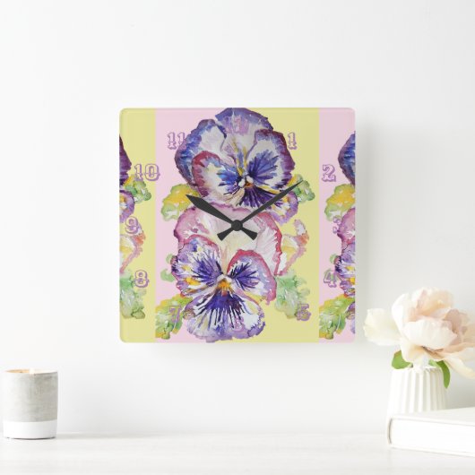 Pansy Waterverf Floral Flower Childs Room Clock Vierkante Klok (Huis)