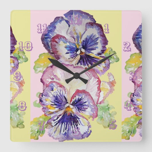 Pansy Waterverf Floral Flower Childs Room Clock Vierkante Klok (Voorkant)