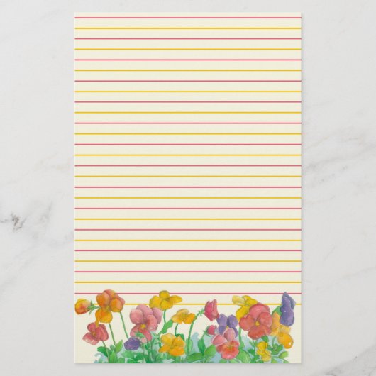 Pansy Waterverf Flowers Rood Geel Lined Briefpapier (Voorkant)