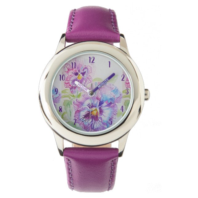 Pansy Waterverf Paarse kunstbloem schilderen Horloge (Voorkant)