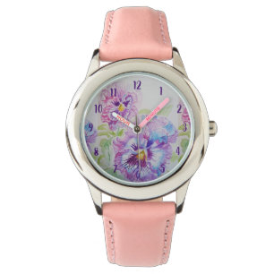 Pansy Waterverf Paarse kunstbloem schilderen Horloge