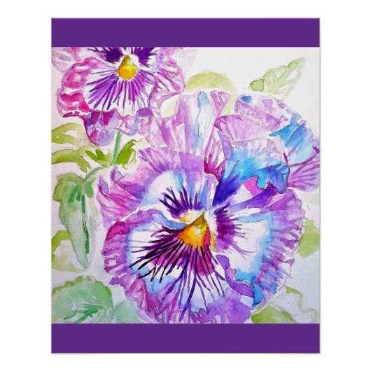 Pansy Waterverf Patroon op Paarse Blue Pansies Perfect Poster (Voorkant)