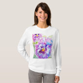 Pansy Waterverf Patroon op Paarse Blue Pansies T-shirt (Voorkant volledig)