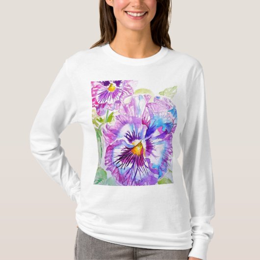 Pansy Waterverf Patroon op Paarse Blue Pansies T-shirt (Voorkant)