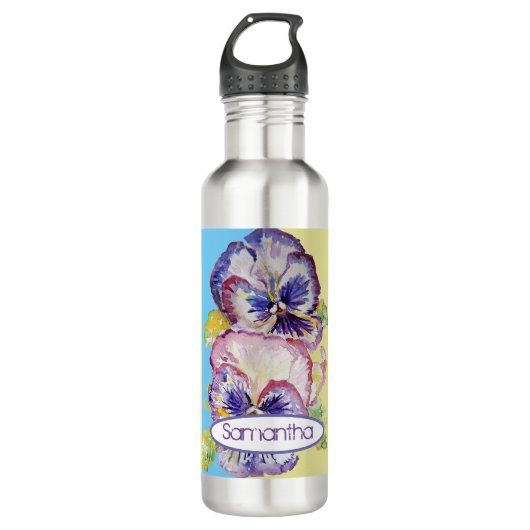Pansy Waterverf Patroon op Roze en Bleek Geel 7 Waterfles (Voorkant)