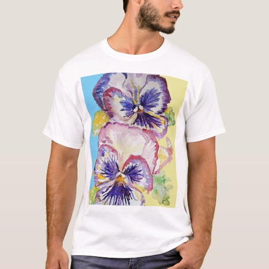 Pansy Waterverf Patroon op Roze en Bleek Geel T-shirt (Voorkant)
