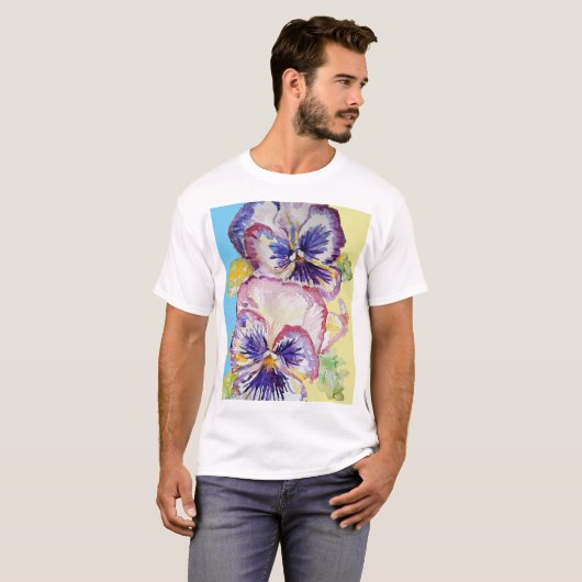 Pansy Waterverf Patroon op Roze en Bleek Geel T-shirt (Voorkant volledig)