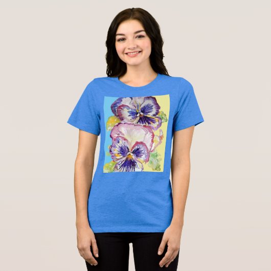 Pansy Waterverf Patroon op Roze en Bleek Geel Tri-Blend Shirt (Voorkant volledig)