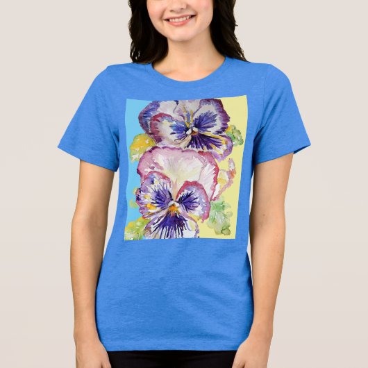 Pansy Waterverf Patroon op Roze Geel Blauw Tri-Blend Shirt (Voorkant)