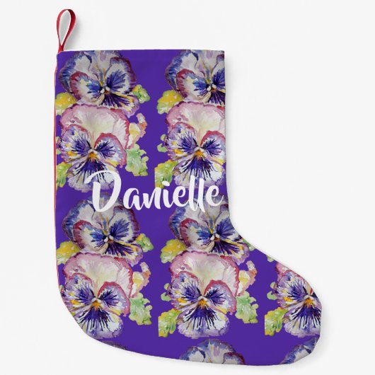 Pansy Waterverf Purple Flowers Floral Stocking Kleine Kerstsok (Voorkant)