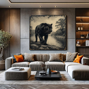 Panter op rivieroever krachtig dier canvas afdruk