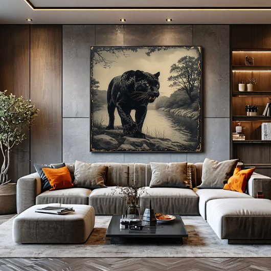 Panter op rivieroever krachtig dier canvas afdruk
