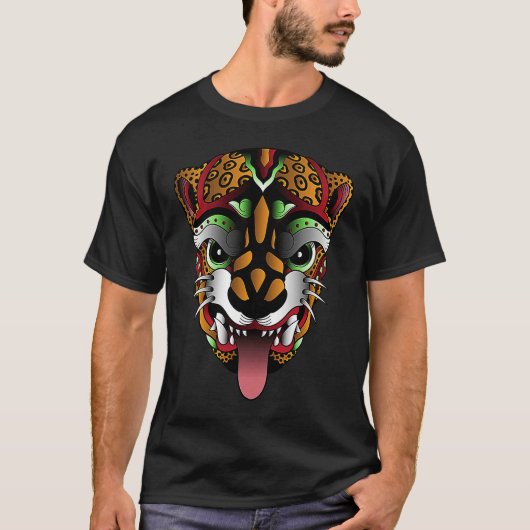 Panther Huichol Sugar Skull Mexican Aztec Ocelot A T-shirt (Voorkant)
