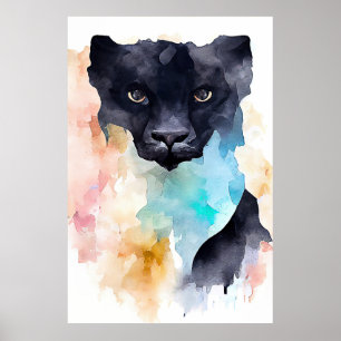Panther Zwart Wild Animal Natuur Waterverf Kunst Poster