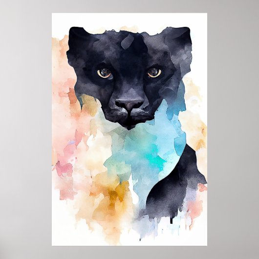 Panther Zwart Wild Animal Natuur Waterverf Kunst Poster (Voorkant)