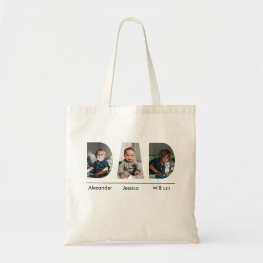 Pap met aangepaste 3 kinder foto en naam tote bag (Voorkant)