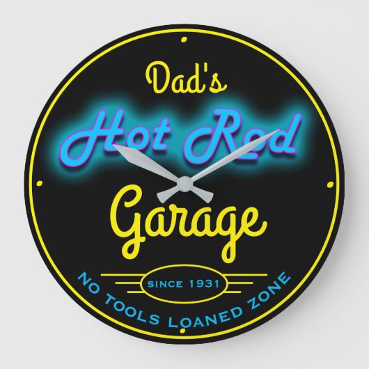 Pap of enige naam Garage Blue Faux Neon Effect Grote Klok (Voorkant)