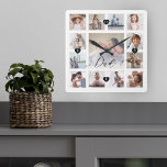 Pap Script Family Memory Photo Grid Collage Vierkante Klok<br><div class="desc">Een mooi gepersonaliseerd cadeau voor je vader dat hij nog jaren zal koesteren. Biedt een moderne collage van dertien foto's op het raster om 13 van uw eigen speciale familieherinneringen weer te geven. "Papa" ontworpen in een mooie, handgeschreven zwarte scriptstijl. Elke foto is voorzien van een eenvoudig goudkleurig lijst. De...</div>