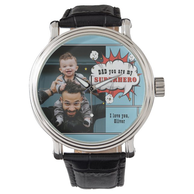 Pap Superheld Comic Speech Bubble Foto Horloge (Voorkant)