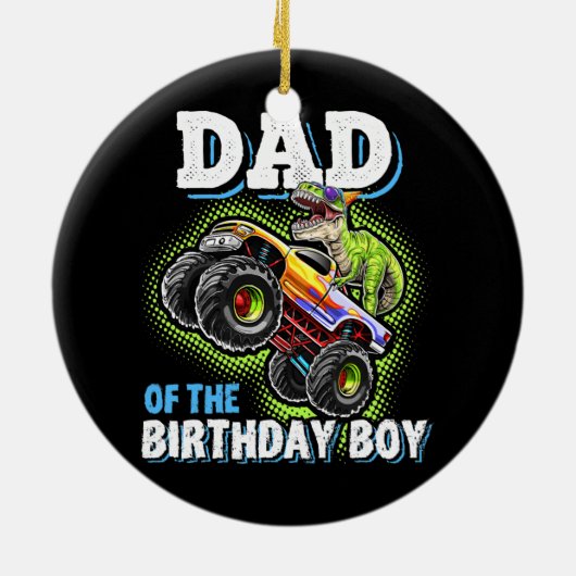 Pap van de Birthday Boy Dinosaur Monster Truck Keramisch Ornament (Achterkant)