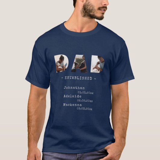 Pap Vast Kinder naam Geboortedatum Foto Collage T-shirt (Voorkant)