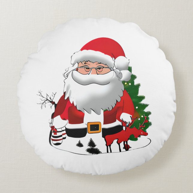 Papa Claus met een rendier Rond Kussen (Voorkant)