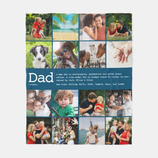 Papa definitie 16 foto collage blauw fleece deken (Voorkant)