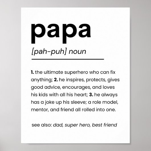 Papa Definitie Poster, Cadeau voor papa, Vaderdag Poster (Voorkant)