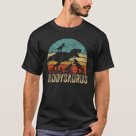 Papa Dinosaur Daddysaurus 3 Twee Kinder kerstfea T-shirt (Voorkant)
