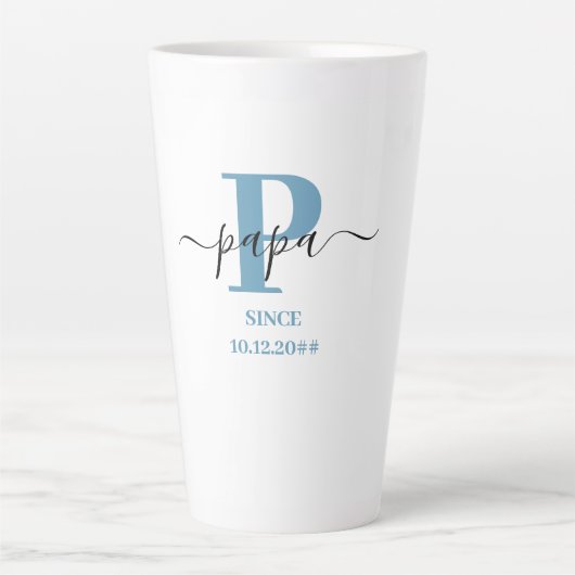 Papa Elegant Script Monogram Blue White Latte Mok (Voorkant)