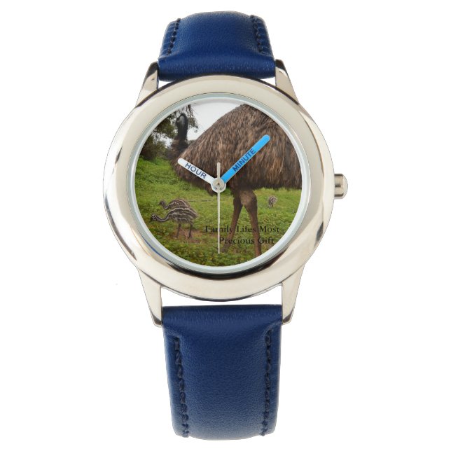 Papa en Baby Emus gaan een loopje maken. Horloge (Voorkant)