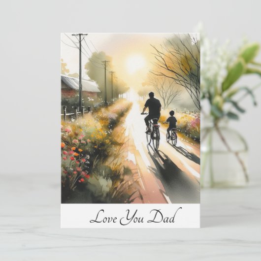 Papa en Kind Fietsen op een Floral Path Waterverf Feestdagenkaart (Staand voorkant)